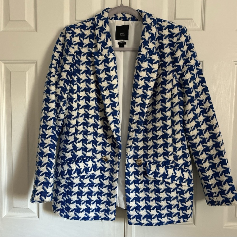 River Island Blue and White Houndstooth Bouclé Blazer
